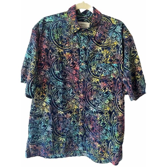 R-options Mens Blue and Green Batik Pattern Button Down Shirt Size XL - Picture 1 of 9